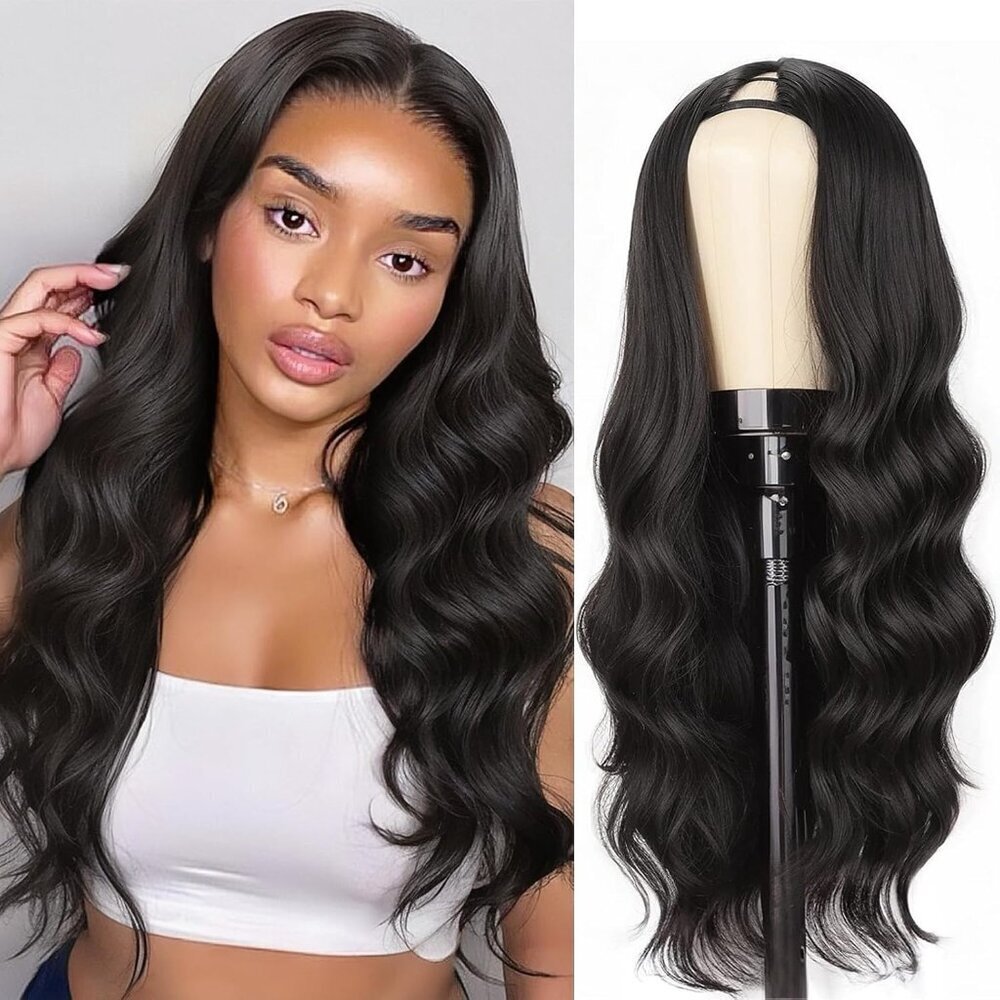 V Part Wig Human Hair Silk Fiber Natural Black 20 Inch Glueless Easy Wear